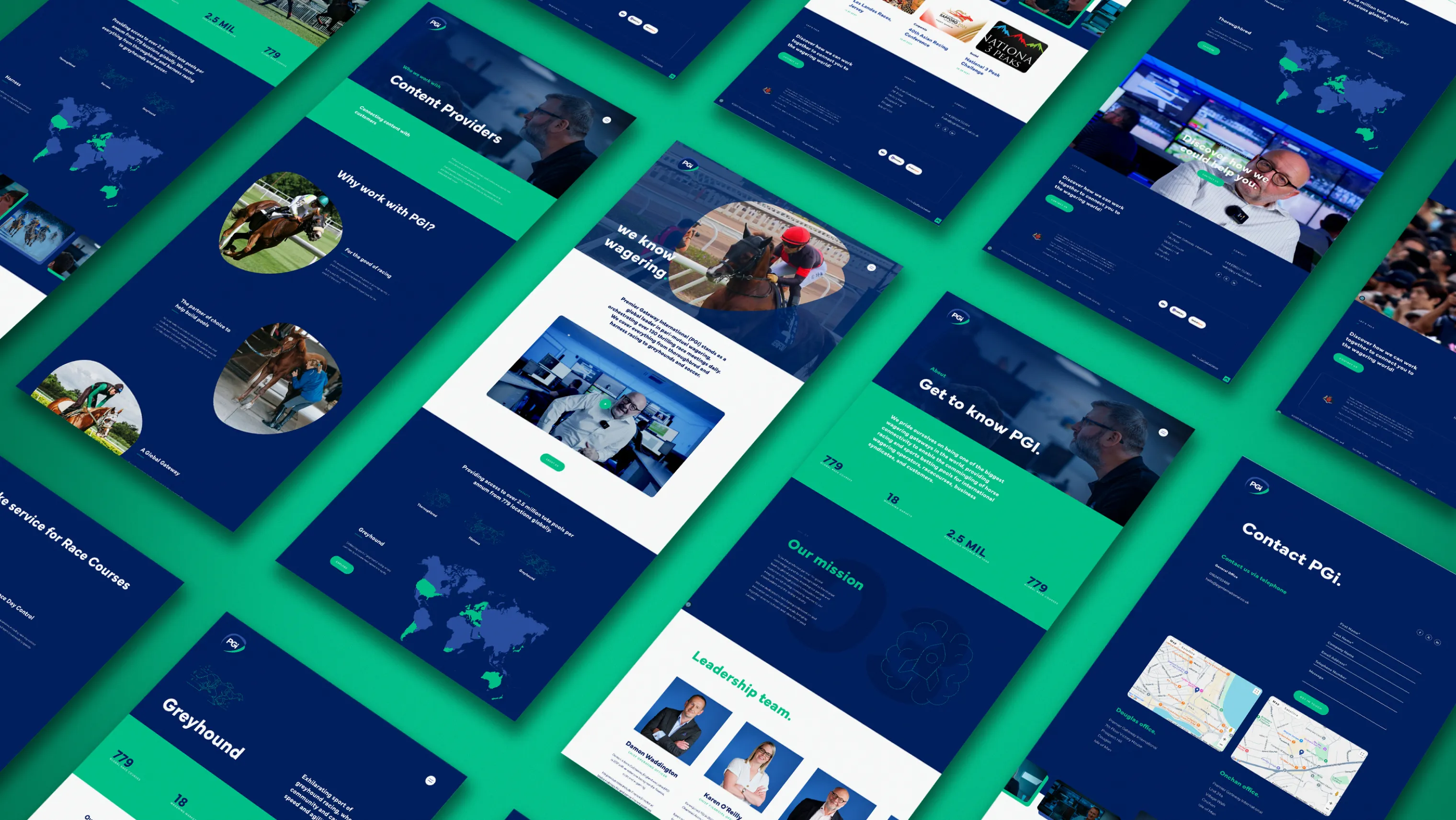 A grid of multiple PGi Wagering website pages designed by DotPerformance, including the homepage, greyhound section, content providers page, about page, leadership team, and contact page